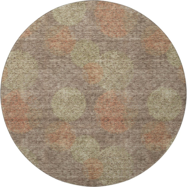 HomeRoots 8' Brown Abstract Washable Round Rug in Artichoke Green & Taupe with UV Protection for Modern Homes 677150