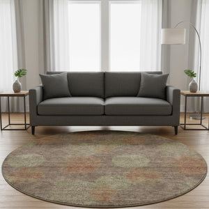 HomeRoots 8' Brown Abstract Washable Round Rug in Artichoke Green & Taupe with UV Protection for Modern Homes 677150