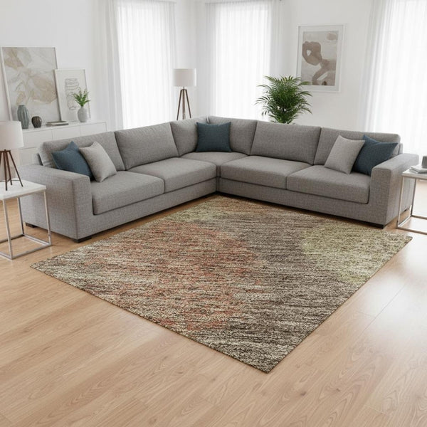 HomeRoots 8' X 10' Washable Area Rug in Brown, Artichoke Green & Taupe - UV Protected for High-Traffic Spaces 677151