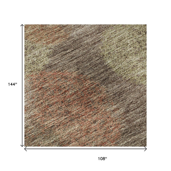 HomeRoots 9' X 12' Stylish Abstract Washable Area Rug in Brown and Green with UV Protection for High Traffic Areas 677152