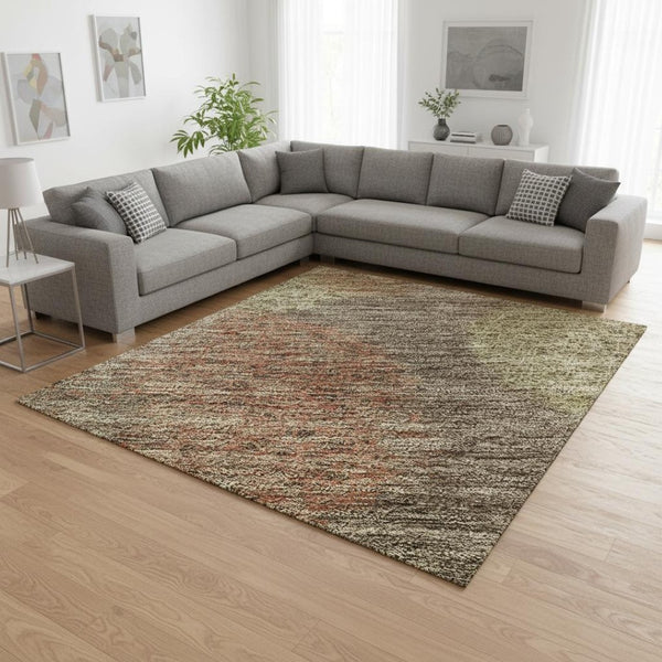HomeRoots 9' X 12' Stylish Abstract Washable Area Rug in Brown and Green with UV Protection for High Traffic Areas 677152