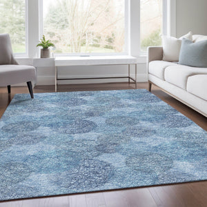 HomeRoots 5' X 8' Denim Blue & Sky Blue Abstract Area Rug - Washable, UV Protected, Durable for Active Homes 677155