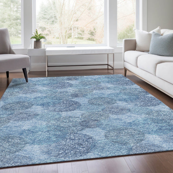 HomeRoots 5' X 8' Denim Blue & Sky Blue Abstract Area Rug - Washable, UV Protected, Durable for Active Homes 677155