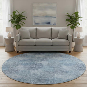 HomeRoots 8' Stylish Denim & Sky Blue Abstract Washable Round Rug with UV Protection for Active Homes 677156