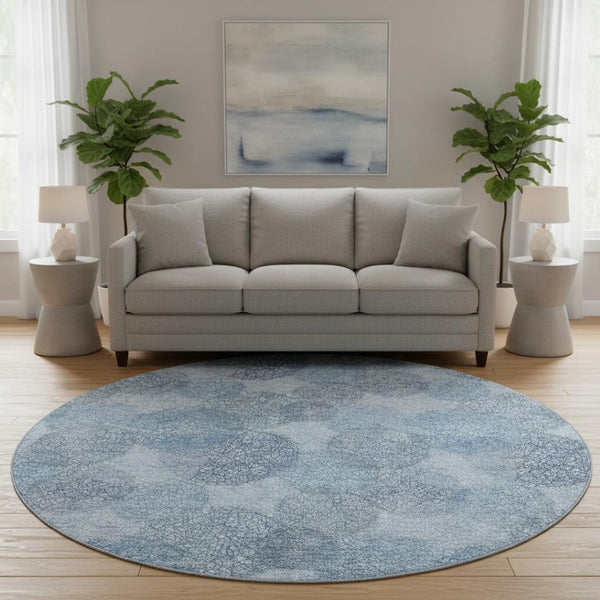 HomeRoots 8' Stylish Denim & Sky Blue Abstract Washable Round Rug with UV Protection for Active Homes 677156