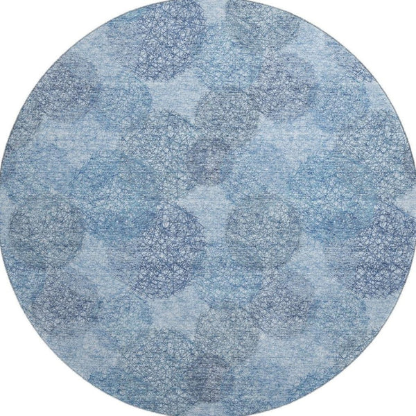 HomeRoots 8' Stylish Denim & Sky Blue Abstract Washable Round Rug with UV Protection for Active Homes 677156
