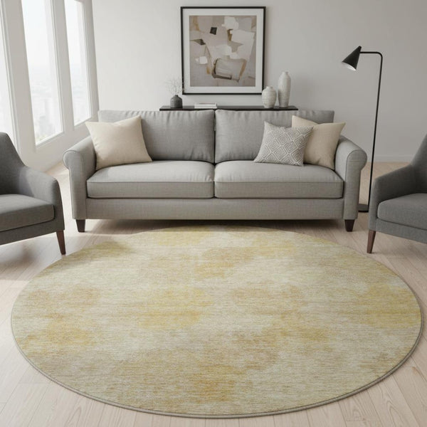 HomeRoots 8' Gold and Beige Abstract Washable Round Rug – Durable, Stain-Resistant, UV Protected for Modern Homes 677162