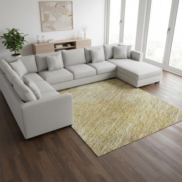 HomeRoots 10' Gold and Beige Abstract Washable Area Rug - Durable, UV Protected, Perfect for Family Spaces! 677165