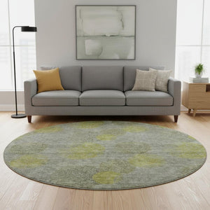 HomeRoots 8' Gray Lime Green and Silver Abstract Washable Round Rug - UV Protected, Stain Resistant & Durable! 677168