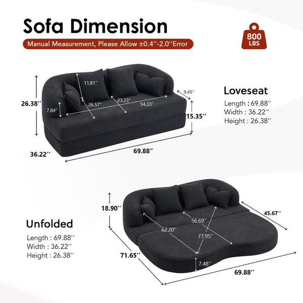 English Elm (old Sku W2231p392100) Chenille Sleeper Sofa Foldable Convertible Loveseat with Four Pillows Black W2231P466738