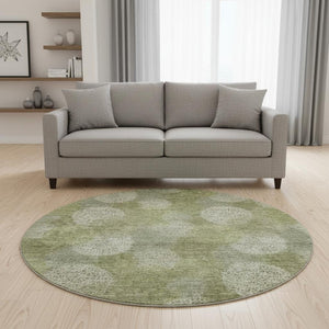 HomeRoots 8' Green And Ivory Abstract Washable Round Area Rug - UV Protected, Stain Resistant, Kid & Pet Friendly! 677174