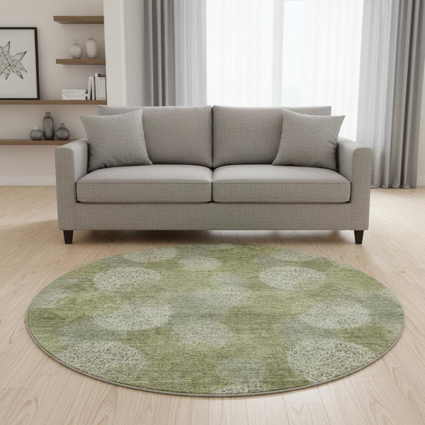 HomeRoots 8' Green And Ivory Abstract Washable Round Area Rug - UV Protected, Stain Resistant, Kid & Pet Friendly! 677174
