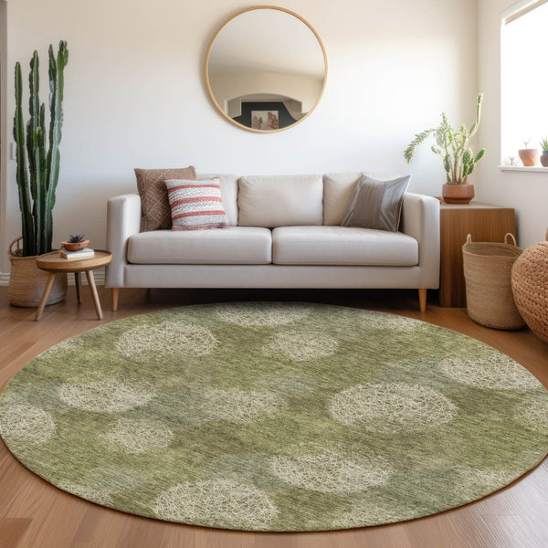 HomeRoots 8' Green And Ivory Abstract Washable Round Area Rug - UV Protected, Stain Resistant, Kid & Pet Friendly! 677174