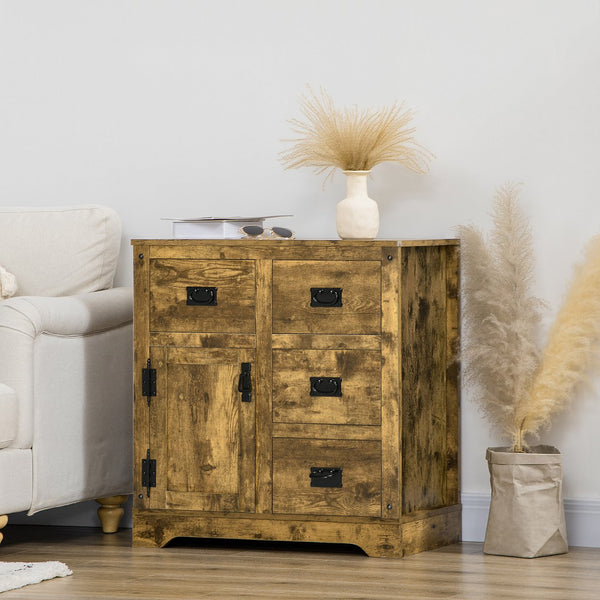 English Elm HOMCOM Rustic Industrial Sideboard Buffet Cabinet with 4 Drawers, Adjustable Shelf & Coffee Bar Top Brown W2225P217718