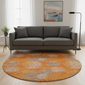 HomeRoots 8' Washable Round Rug in Bold Orange, Gray & Silver with UV Protection for Modern Living Spaces 677180