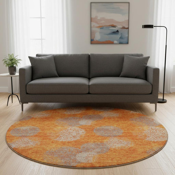 HomeRoots 8' Washable Round Rug in Bold Orange, Gray & Silver with UV Protection for Modern Living Spaces 677180