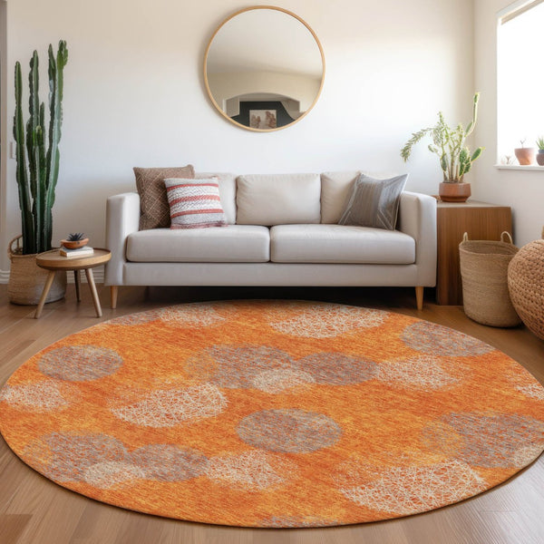 HomeRoots 8' Washable Round Rug in Bold Orange, Gray & Silver with UV Protection for Modern Living Spaces 677180