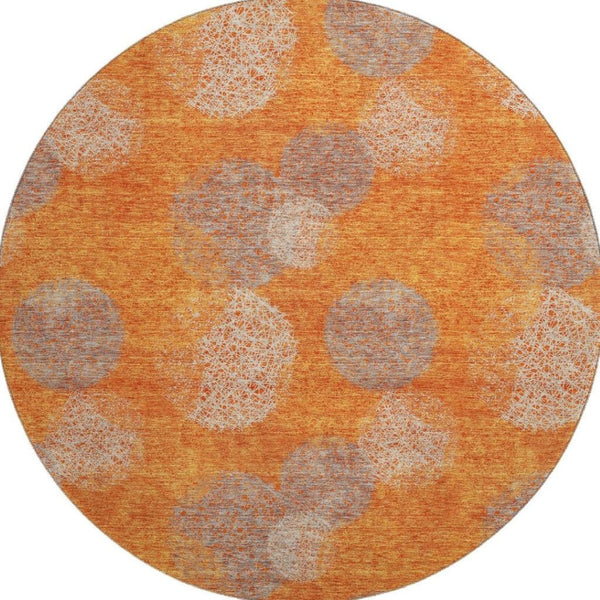 HomeRoots 8' Washable Round Rug in Bold Orange, Gray & Silver with UV Protection for Modern Living Spaces 677180