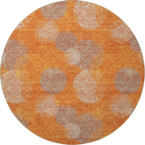 HomeRoots 8' Washable Round Rug in Bold Orange, Gray & Silver with UV Protection for Modern Living Spaces 677180