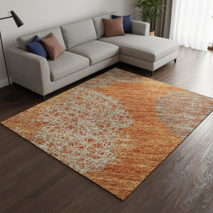 HomeRoots 8' X 10' Contemporary Orange Gray Silver Abstract Area Rug - Washable, UV-Protected, Durable Design 677181