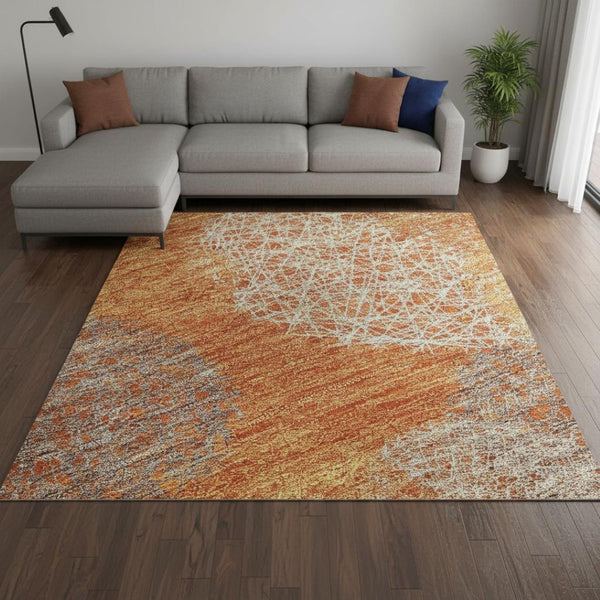 HomeRoots 9' X 12' Abstract Washable Area Rug in Orange, Gray & Silver - Stylish, Durable & UV Protected Design 677182