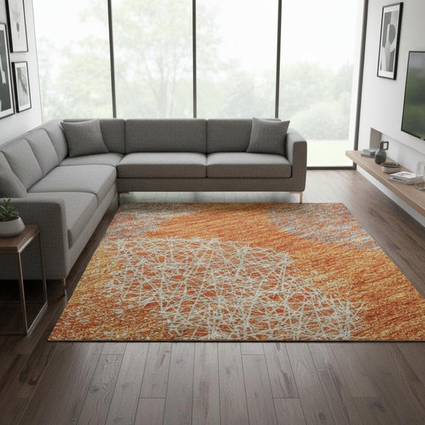 HomeRoots 10' X 14' Washable Area Rug in Orange, Gray & Silver - Modern Abstract Design with UV Protection 677183