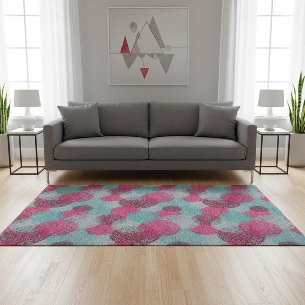 HomeRoots 5' X 8' Vibrant Pink, Teal & Burgundy Abstract Area Rug – Washable, UV-Protected & Stain Resistant! 677185
