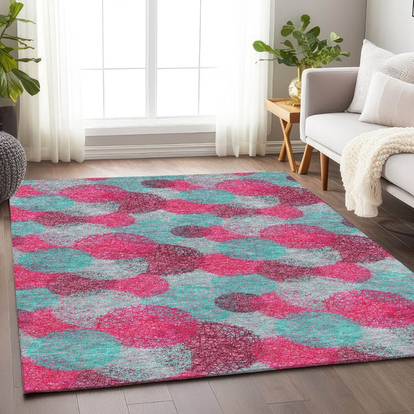 HomeRoots 5' X 8' Vibrant Pink, Teal & Burgundy Abstract Area Rug – Washable, UV-Protected & Stain Resistant! 677185