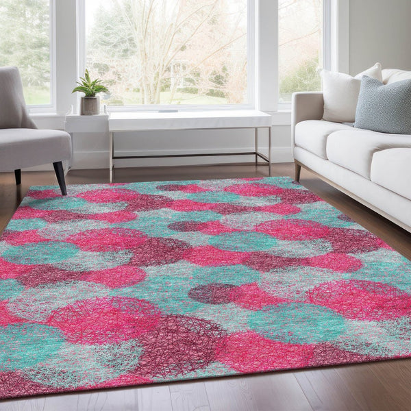 HomeRoots 5' X 8' Vibrant Pink, Teal & Burgundy Abstract Area Rug – Washable, UV-Protected & Stain Resistant! 677185