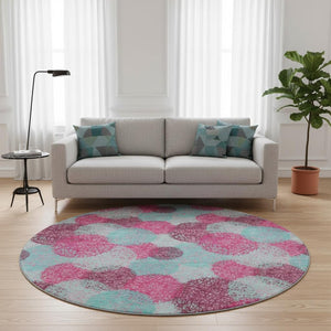 HomeRoots 8' Vibrant Pink, Teal & Burgundy Abstract Round Rug - Washable, UV-Protected, Durable & Stylish Decor 677186