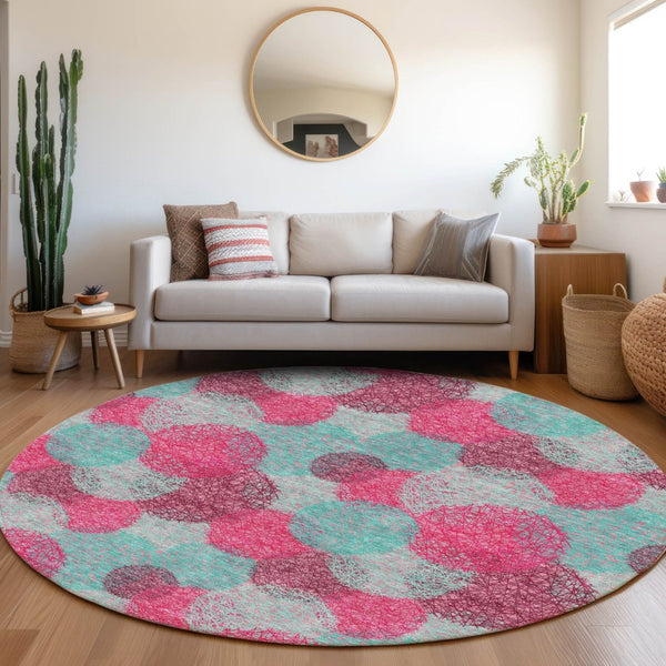HomeRoots 8' Vibrant Pink, Teal & Burgundy Abstract Round Rug - Washable, UV-Protected, Durable & Stylish Decor 677186