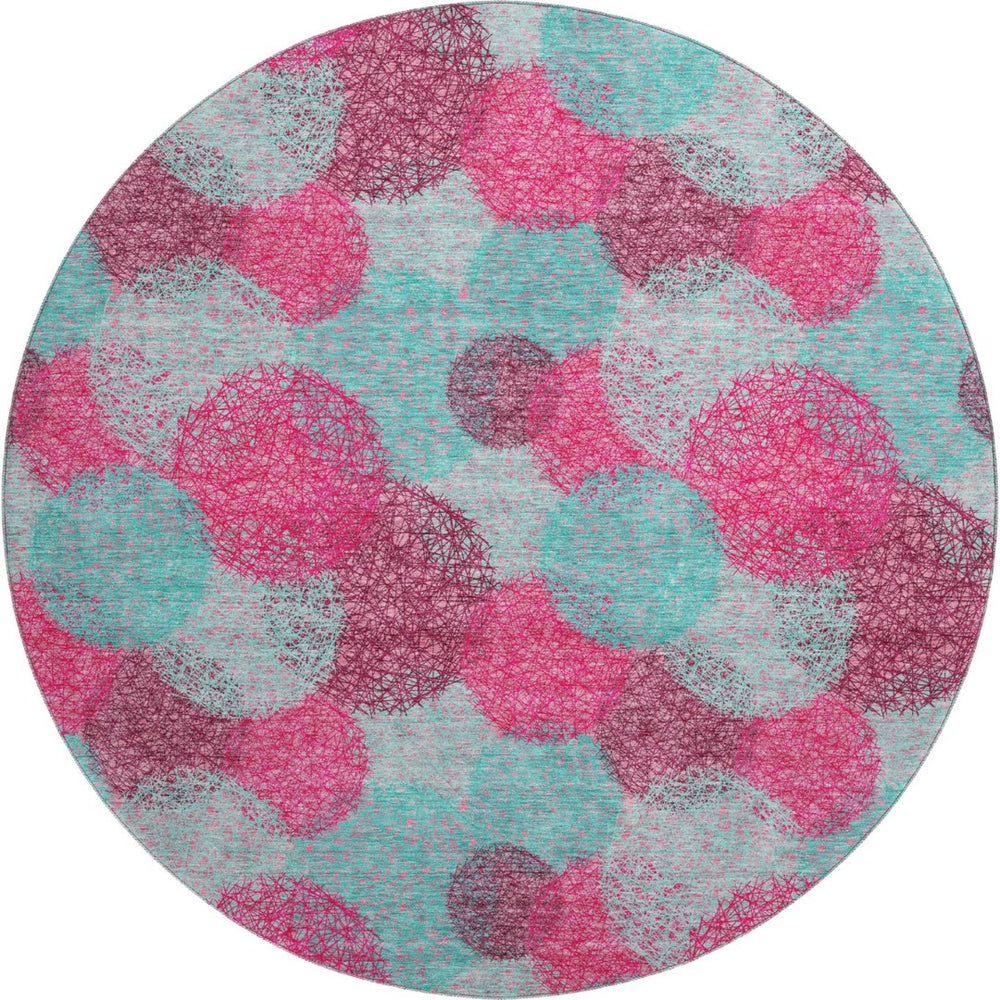 HomeRoots 8' Vibrant Pink, Teal & Burgundy Abstract Round Rug - Washable, UV-Protected, Durable & Stylish Decor 677186