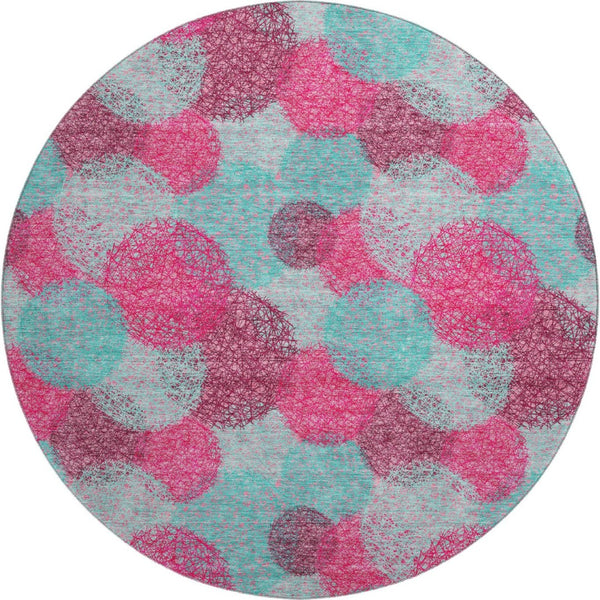 HomeRoots 8' Vibrant Pink, Teal & Burgundy Abstract Round Rug - Washable, UV-Protected, Durable & Stylish Decor 677186