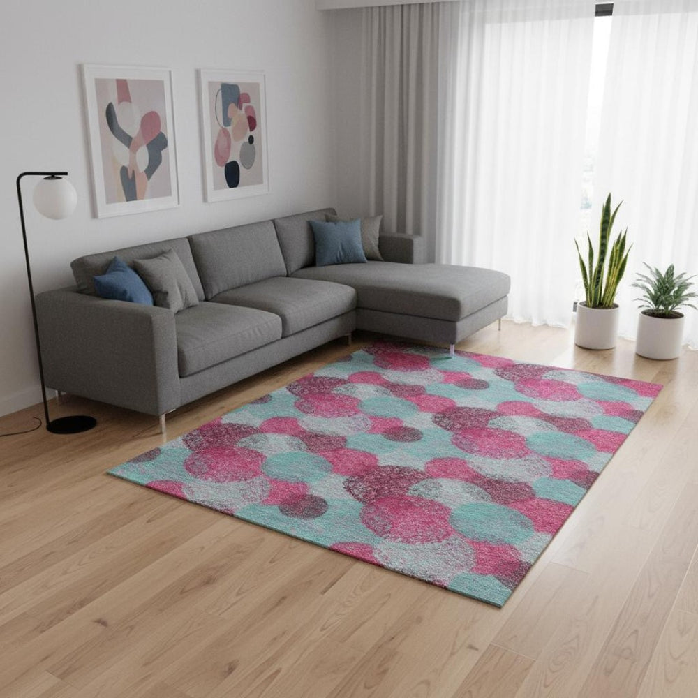 HomeRoots 9' X 12' Abstract Area Rug in Pink, Teal & Burgundy – Washable, UV Protected, Modern Design for Homes 677188