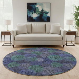 HomeRoots 8' Stunning Purple and Green Abstract Washable Round Rug with UV Protection for Active Homes 677192