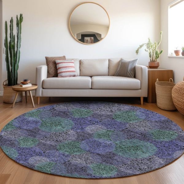 HomeRoots 8' Stunning Purple and Green Abstract Washable Round Rug with UV Protection for Active Homes 677192