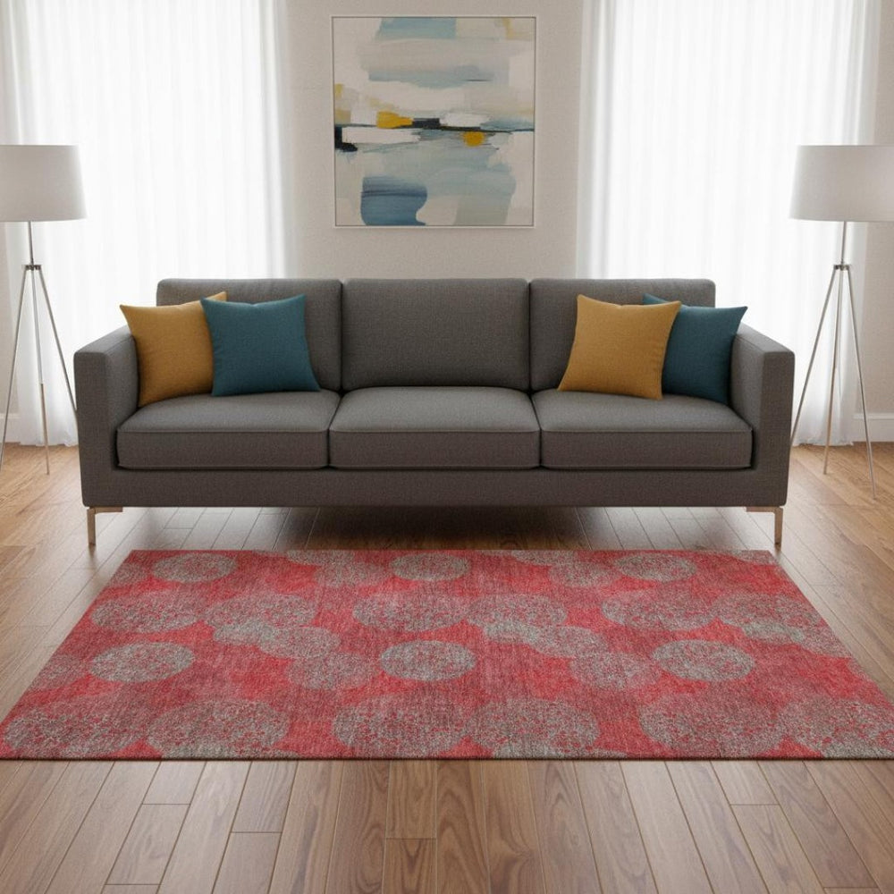 HomeRoots 5' X 8' Abstract Area Rug in Red, Gray & Silver – Stylish, Washable, UV-Protected & Durable Design 677197