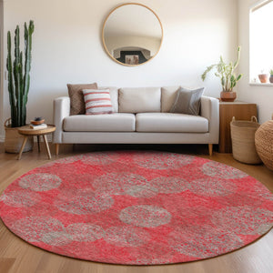 HomeRoots 8' Bold Red, Gray & Silver Abstract Round Rug - UV Protected, Washable & Ideal for Indoor/Outdoor Use 677198