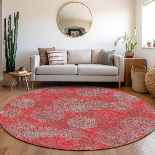 HomeRoots 8' Bold Red, Gray & Silver Abstract Round Rug - UV Protected, Washable & Ideal for Indoor/Outdoor Use 677198