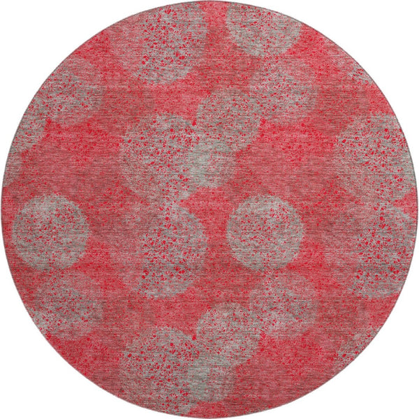 HomeRoots 8' Bold Red, Gray & Silver Abstract Round Rug - UV Protected, Washable & Ideal for Indoor/Outdoor Use 677198