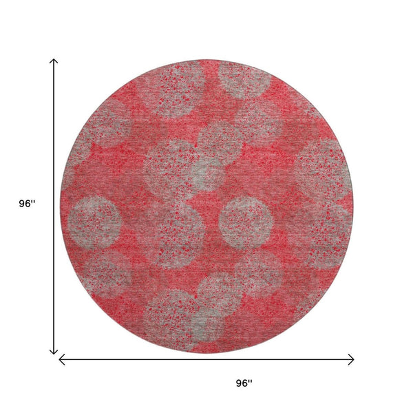 HomeRoots 8' Bold Red, Gray & Silver Abstract Round Rug - UV Protected, Washable & Ideal for Indoor/Outdoor Use 677198