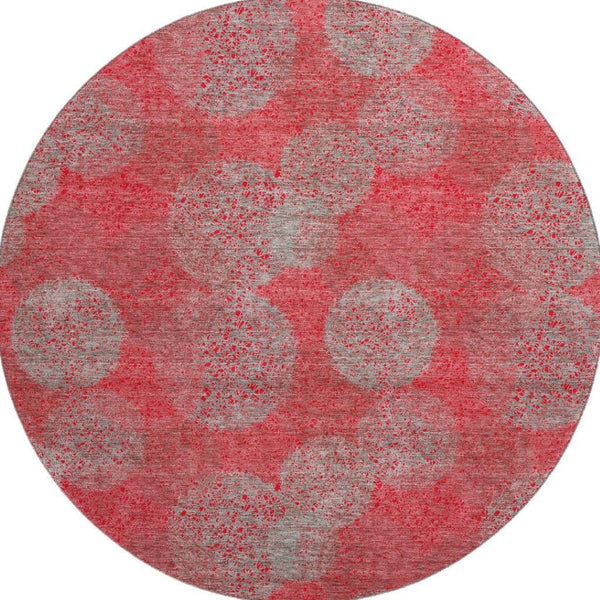 HomeRoots 8' Bold Red, Gray & Silver Abstract Round Rug - UV Protected, Washable & Ideal for Indoor/Outdoor Use 677198