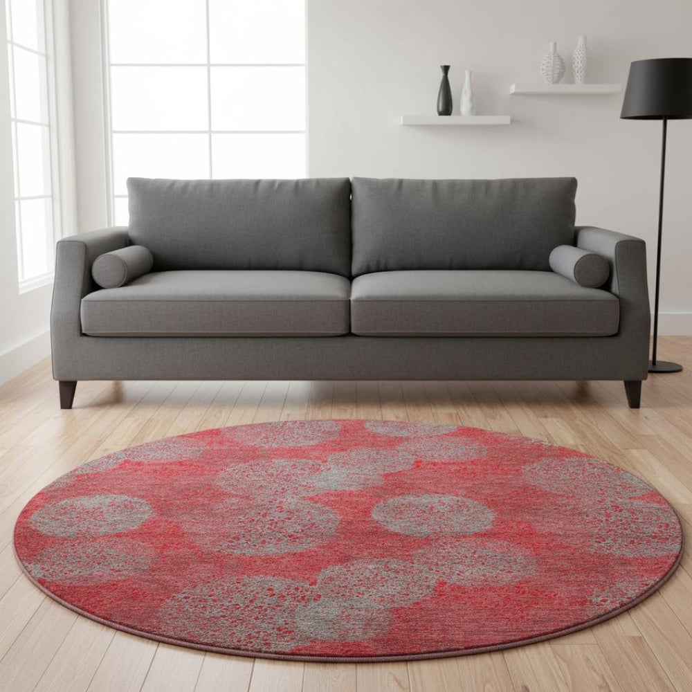 HomeRoots 8' Bold Red, Gray & Silver Abstract Round Rug - UV Protected, Washable & Ideal for Indoor/Outdoor Use 677198