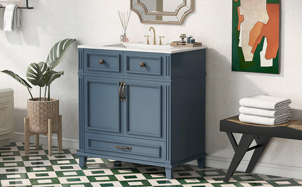 English Elm 30'' Bathroom Vanity with Sink - Retro Solid Wood Frame, Ceramic Basin, Soft-Close Doors & Ample Storage Blue N710P190656C