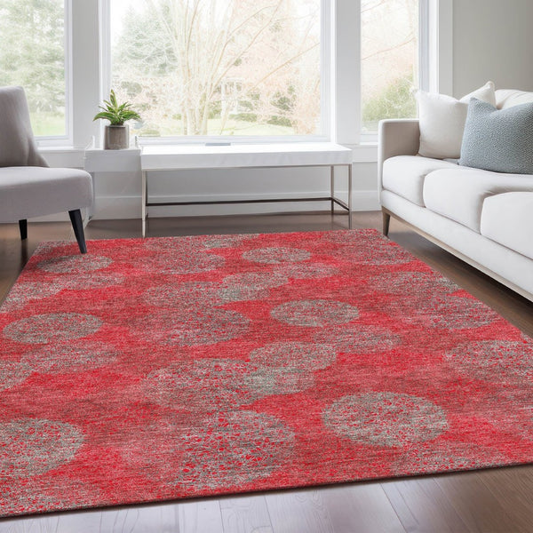HomeRoots 9' X 12' Abstract Washable Area Rug in Red, Gray & Silver - Stain-Resistant, UV Protected Design 677200