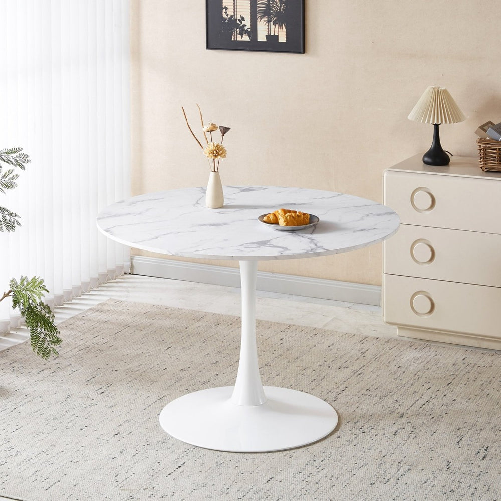 English Elm 42.1" Round Marble Look Pedestal Dining Table Mid Century Modern Seats Six White W234P453955