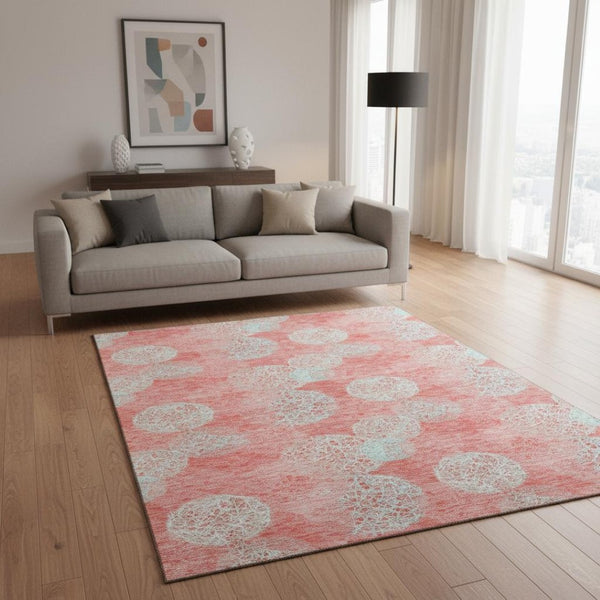 HomeRoots 5' X 8' Salmon & Ivory Abstract Washable Area Rug - UV Protected, Modern, Durable & Easy Care! 677203