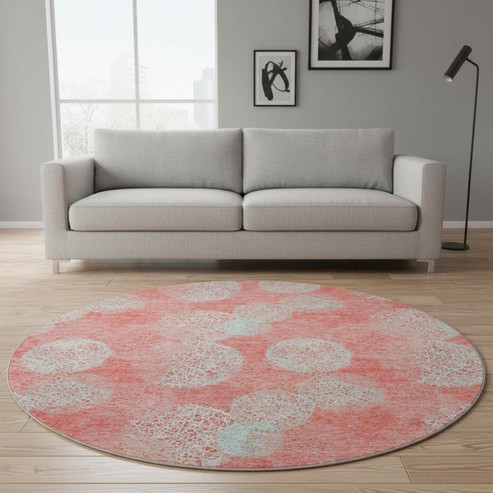 HomeRoots 8' Salmon and Ivory Abstract Round Rug – Washable, UV Protected, Stain Resistant for Everyday Use! 677204