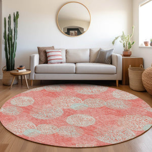 HomeRoots 8' Salmon and Ivory Abstract Round Rug – Washable, UV Protected, Stain Resistant for Everyday Use! 677204