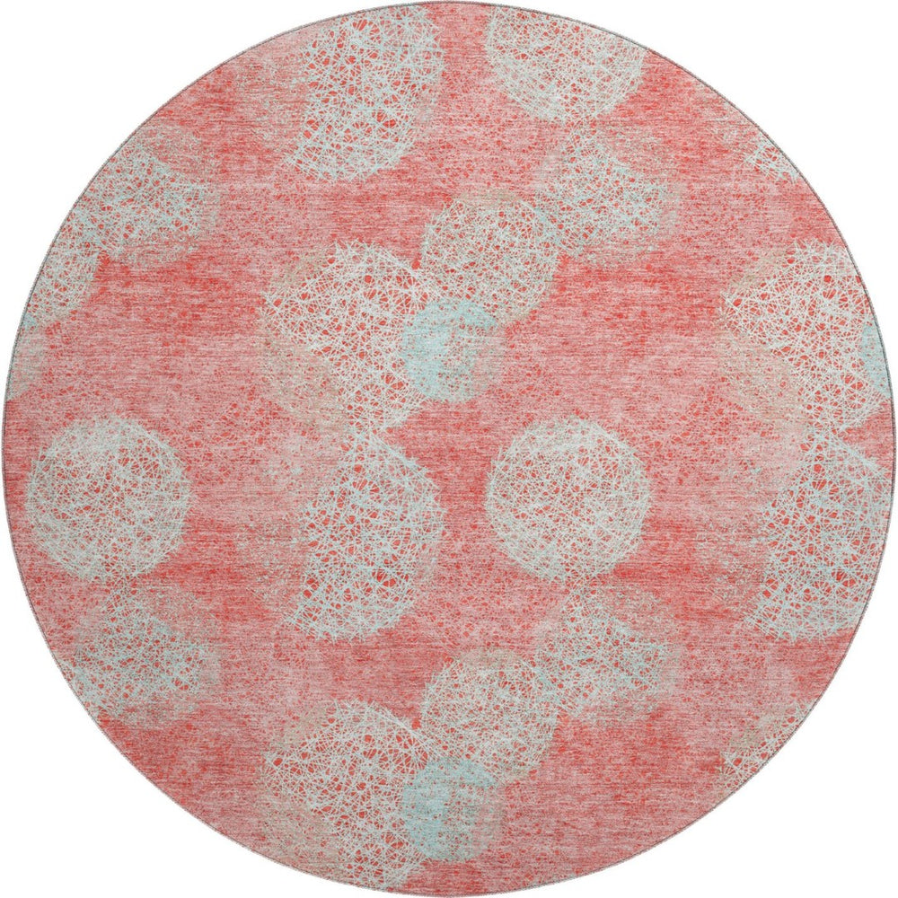 HomeRoots 8' Salmon and Ivory Abstract Round Rug – Washable, UV Protected, Stain Resistant for Everyday Use! 677204